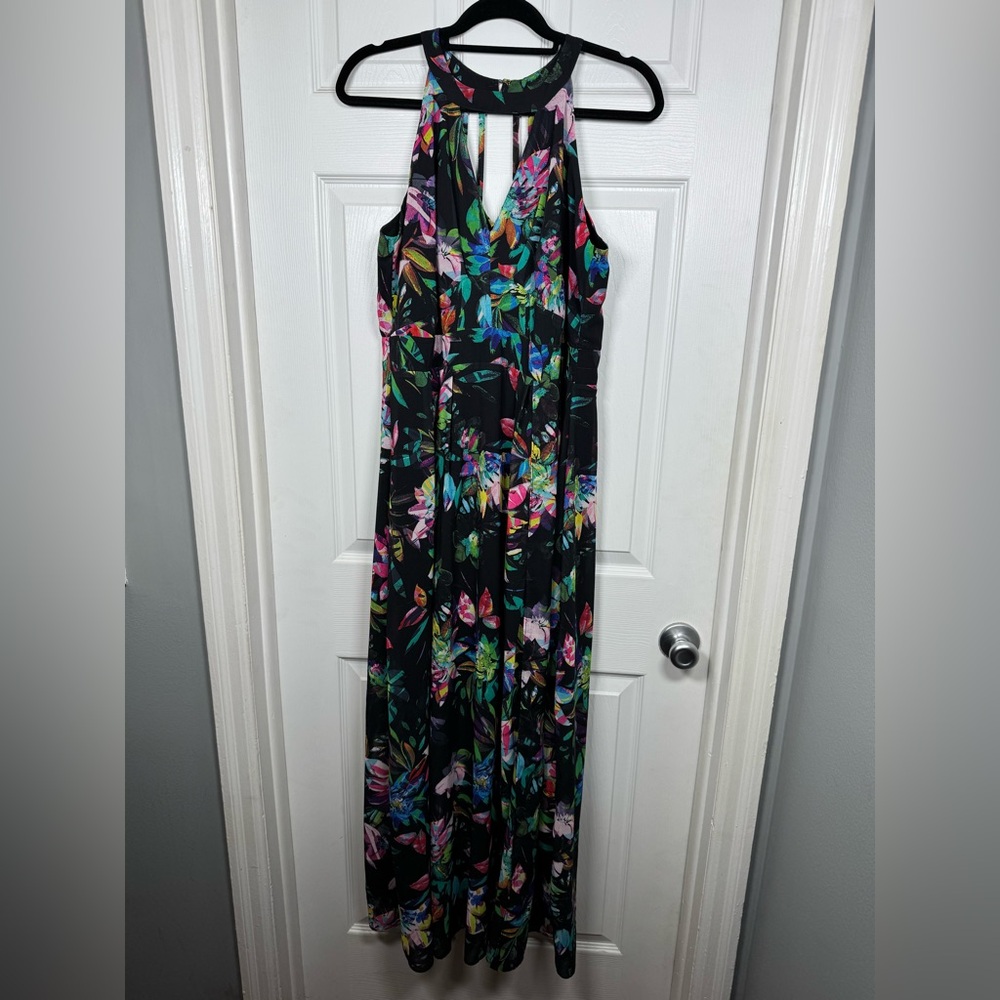 City Chic Floral Halter Maxi Dress XS 14 Black Tropical Keyhole